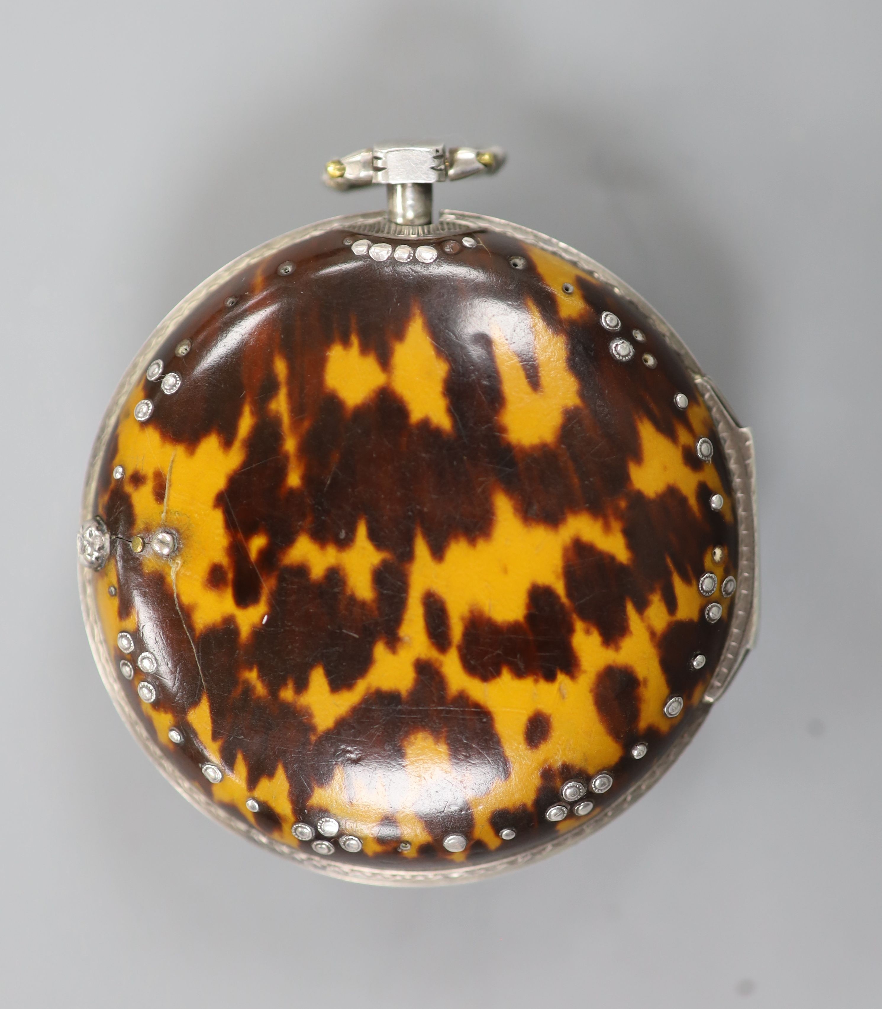 A 19th century silver and tortoiseshell triple case keywind verge pocket watch, for the Turkish market, by Edward Prior, London, case diameter 60mm (dial a.f.).